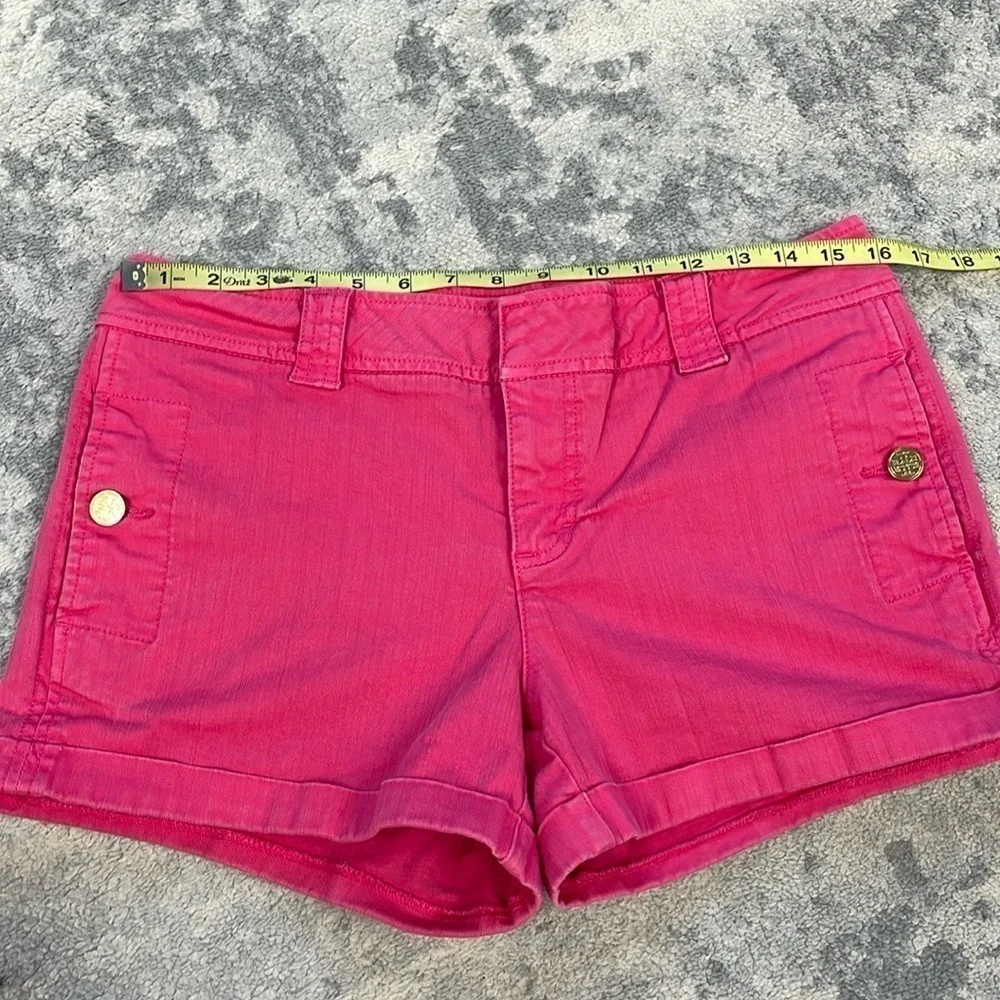 Tory Burch Mid Rise Cuffed Chino Jean Shorts Pink Gold Tone Medallion Buttons 30